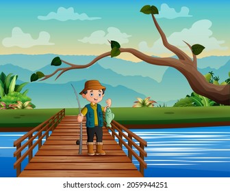 Fisherman with fishing rod on river bridge
