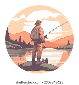 Fisherman with a fishing rod on the river, isolated