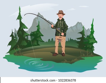 Fisherman with a fishing rod on the shore of a forest lake. Active outdoor recreation. Isolated vector illustration.