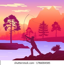 Fisherman with a fishing rod on the shore of a forest river. Silhouette of a man standing on coast. Person holding fishing rod in his hands on the background of reservoir at the foot of the mountain