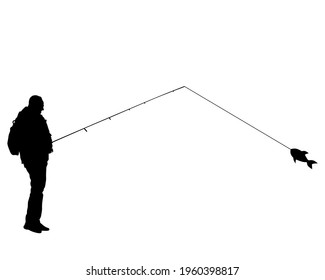 Fisherman with a fishing rod on shore. Isolated silhouette of a man on a white background