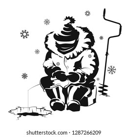 Fisherman with a fishing rod on winter fishing silhouette