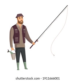 Fisherman fishing with fishing rod. Fishing people with fish and equipment. Vacation concept flat vector icon. Leisure and hobby catching fish