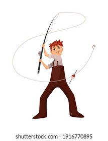 Fisherman fishing with fishing rod. Fishing people with fish and equipment. Vacation concept flat vector icon. Leisure and hobby catching fish