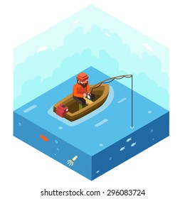 Fisherman with Fishing Rod Polygonal Character in Boat River Lake Sea Ocean Sky Fish Background Concept Icon Isometric Flat Design Landscape Template Vector Illustration
