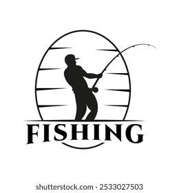 A fisherman with a fishing rod pulling a fish, . The silhouette of a fisherman with an oval background. This logo is designed for fishing events or activities.