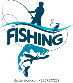 Fisherman with a fishing rod pulls a fish silhouette