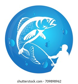 Fisherman with a fishing rod pulls a fish silhouette vector