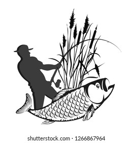 Fisherman with a fishing rod in the reeds and fish silhouette