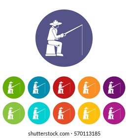 Fisherman with a fishing rod set icons in different colors isolated on white background
