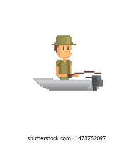 Fisherman with fishing rod. A fisherman is sitting in a boat. Fishing. PIxel art. 8-bit pixel. Element design for mobile app, web, sticker, logo. Game assets sprite. retro graphic.