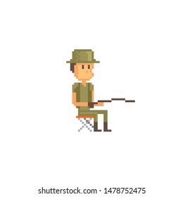 Fisherman with fishing rod. A fisherman is sitting on a folding chair. Fishing.PIxel art. 8-bit pixel. Element design for mobile app, web, sticker, logo. Game assets sprite. retro graphic.