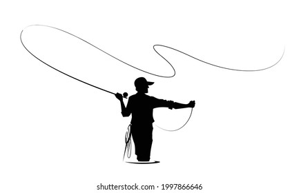  fisherman with a fishing rod standing in the water, vector sketch illustration