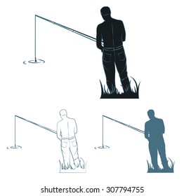 A fisherman with a fishing rod is in the thick grass. Silhouettes and contour. Vector illustration