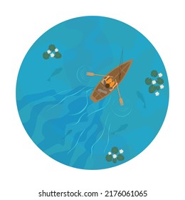 A fisherman with a fishing rod in a wooden boat on the river. Illustration top view