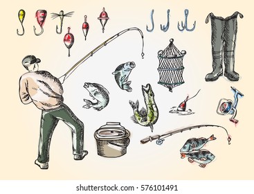 Fisherman and fishing set. Color