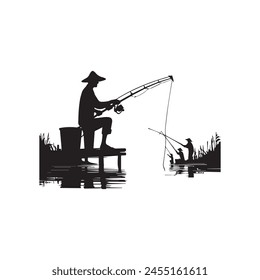 Fisherman Fishing Silhouette with rod vector illustration in white background