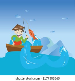 Fisherman with a fishing sitting in the boat, hunting for fish , Asian cartoon character vector illustration. bright sunny day, he got the catch that can be sold and earn money.