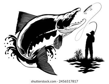 Fisherman Fishing Sockeye Salmon Illustration