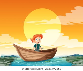 Fisherman fishing at sunset illustration