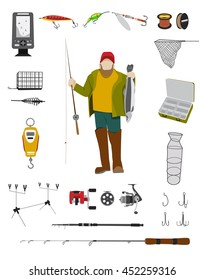 Fisherman and fishing tackle flat icon set Fishing rod, bait, lure, net and other gear and equipment abstract vector illustration