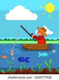 Fisherman fishing, underwater world, fishing, natural environment, blue sky, boat, fishing rod, fish, pixel art illustration