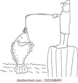 Fisherman is fishing, vector. Animal, fish. Hand drawn ink retro illustration sketch black