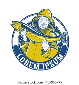 Pescador. Logo del vector de pesca. pescador o icono de pescado. Pesca de trucha. Pescador con peces gordos