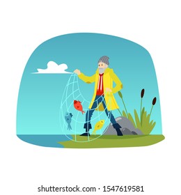 Fisherman with fishnet and caught fishes vector illustration on a background of river or lake landscape. Angler fishing the leisure and water sport activity concept.