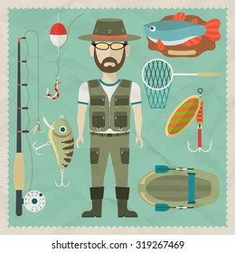 Fisherman flat character.  Fishing flat icons. Vector flat illustrations