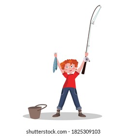 Fisherman flat icons. Boy fisherman holding a fishing rod with caught fish. Vector illustration isolated on white background. Fishing equipment, leisure and hobby, fishing, illustration