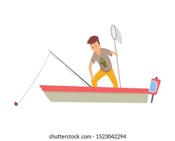 Fisherman flat icons. Fishing people with fish and equipment vector set. Fishing equipment, leisure and hobby catch fish illustration.