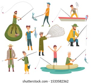 Fisherman flat icons. Fishing people with fish and equipment vector set. 