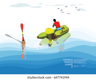 fisherman floats on a boat on the blue waves