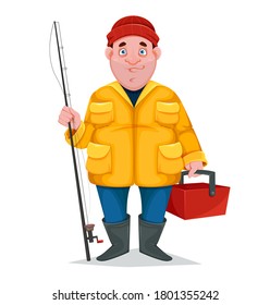 Fisherman, funny cartoon character. Vector illustration isolated on white background