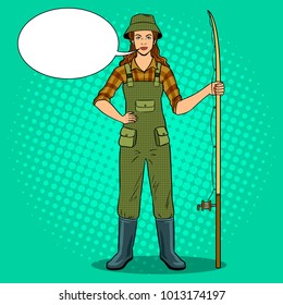 Fisherman girl pop art retro vector illustration. Text bubble. Color background. Comic book style imitation.