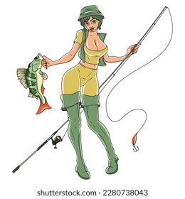 Fisherman girl. Vector Illustration of a Female Fisherman. Pretty Fisherwoman holding Fishing Pole