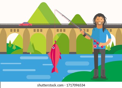 Fisherman with good catch, vector illustration. Character man with long hair holds fishing rod, large fish hang on hook, colored scales. Fishing near bridge, road, wide river flat banner.