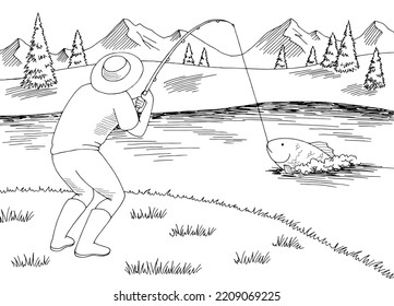 Fisherman graphic black white landscape sketch illustration vector