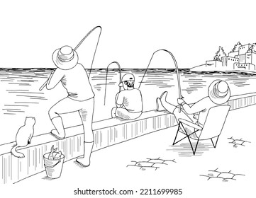 Fisherman graphic black white landscape sketch illustration vector 