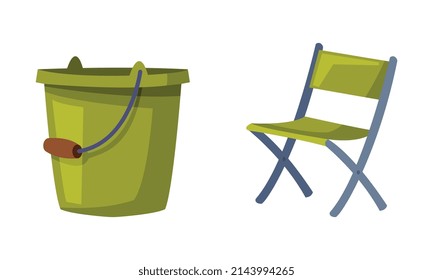 Fisherman Green Bucket or Pail and Chair Vector Set