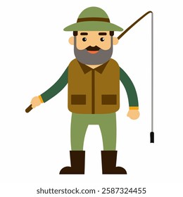 Fisherman with in a green clothing. Suitable for children's books, sticker,t shirt design, mascot, logo. Pro Vector. illustration  on white background. Front  view