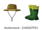 Fisherman Green Hat and Pair of Boots Vector Set