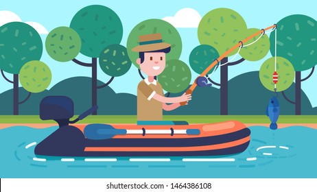 Fisherman guy fishing from floating inflatable motor boat on river holding fishing rod with fish catch on hook. Smiling man character enjoying hobby. Summer nature recreation. Flat vector illustration