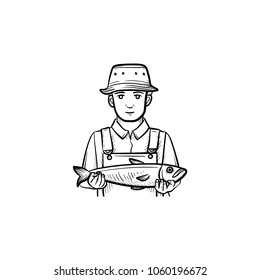 Fisherman hand drawn outline doodle icon. Vector sketch illustration of fisherman holding a big fish for print, web, mobile and infographics isolated on white background.