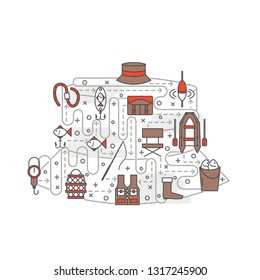 Fisherman hat shape vector poster banner template. Boat, hat bag boot hook tackle bobber rod bait etc. Fishman clothing, fishing gear and equipment thin line art flat icons for web, printed materials.