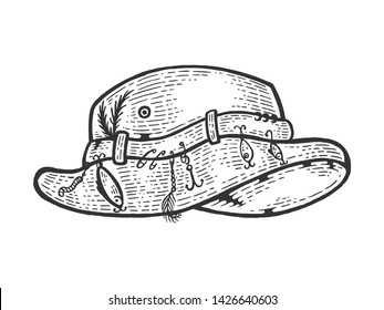 Fisherman hat sketch engraving vector illustration. Scratch board style imitation. Black and white hand drawn image.