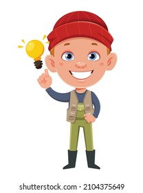 Fisherman having a good idea. Cheerful fisher cartoon character.