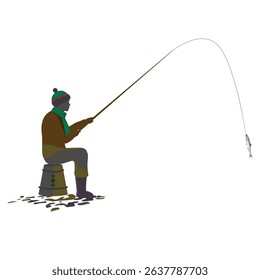 Fisherman with her hat with a puppet on her head and her stool.