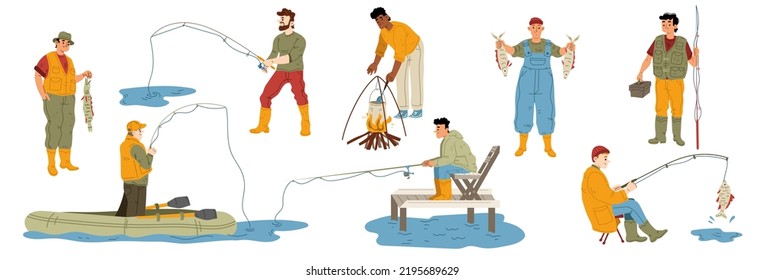 Fisherman hobby set, man fishing in boat, cooking in cauldron. Male character with rod sitting on chair, holding haul. Recreational summertime activity, leisure Cartoon linear flat vector